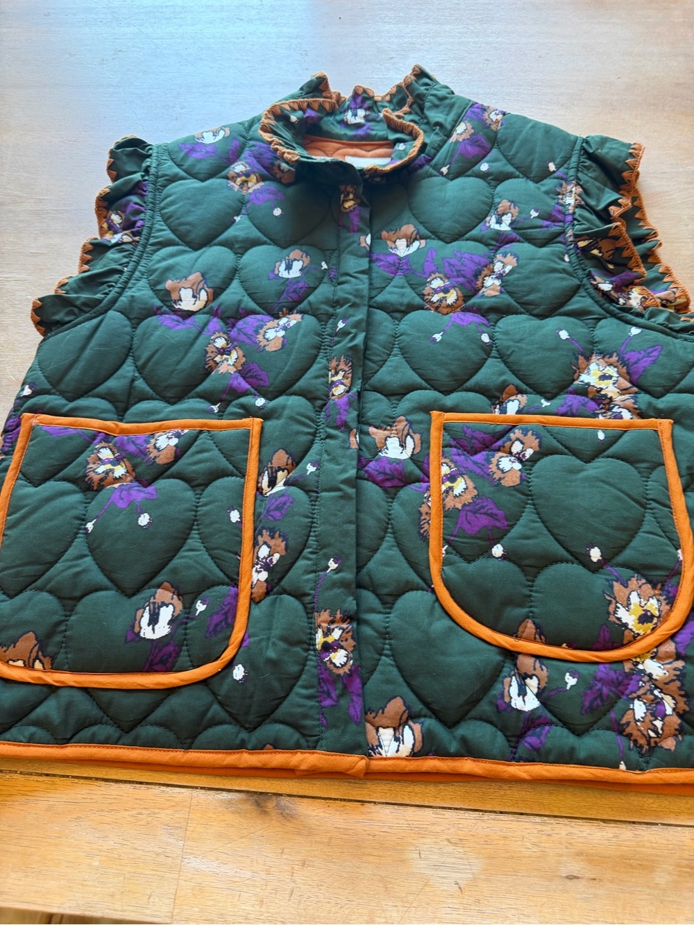 Umgee Green Quilted Floral Vest with Orange Trim